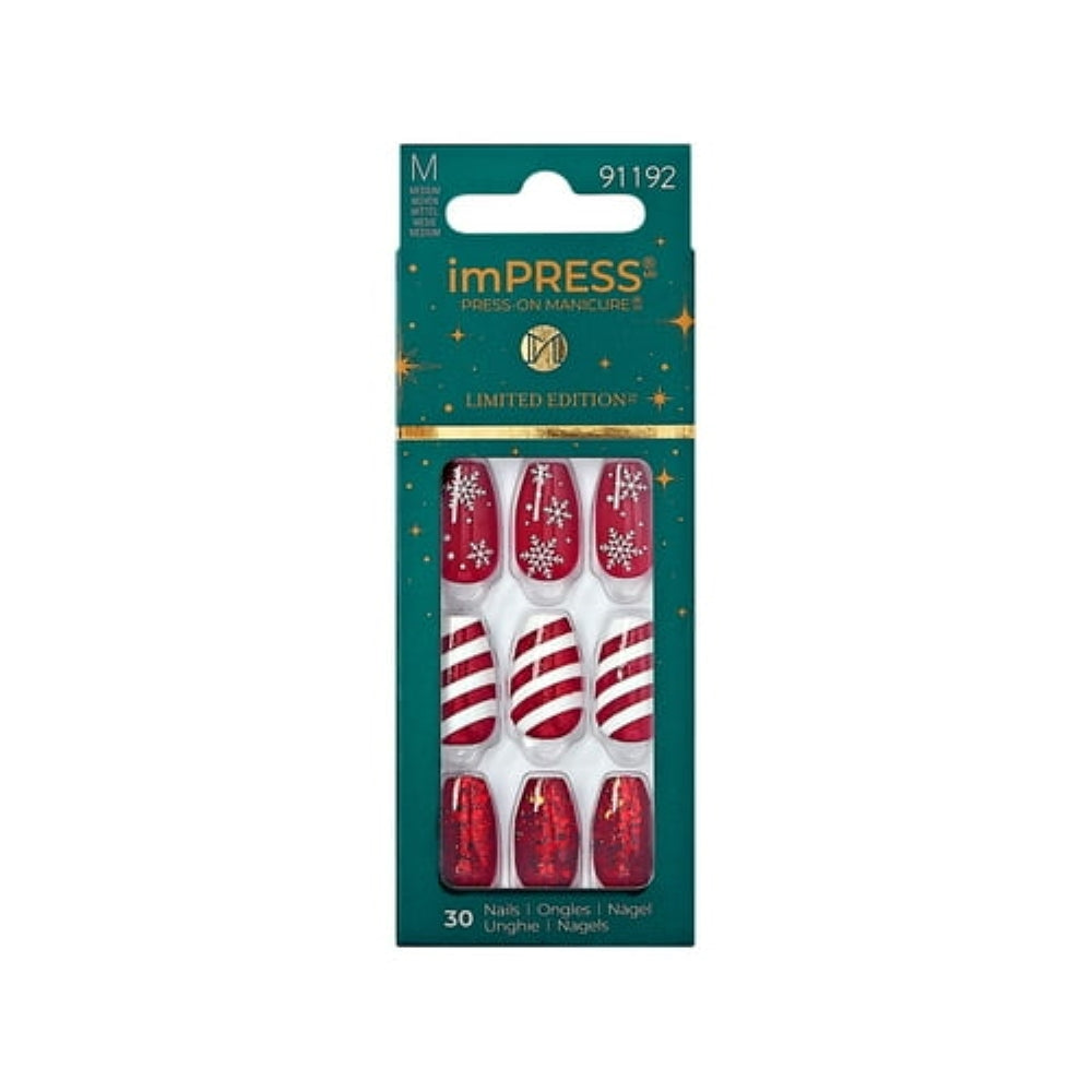 imPRESS Holiday Press-On Nails, Truth or Dear, Red, Medium Length, Coffin Shape, 30 Ct.