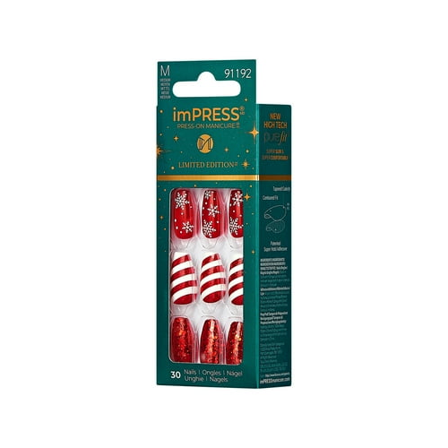 imPRESS Holiday Press-On Nails, Truth or Dear, Red, Medium Length, Coffin Shape, 30 Ct.