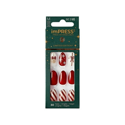 imPRESS Holiday Press-On Nails,White Night, Red, Medium Length, Almond Shape, 30 Ct.