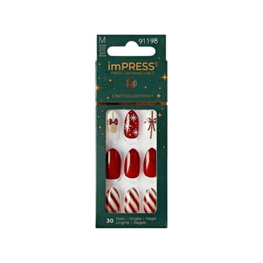 imPRESS Holiday Press-On Nails,White Night, Red, Medium Length, Almond Shape, 30 Ct.