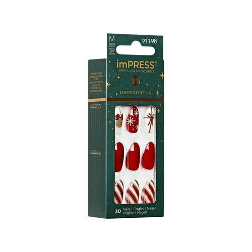 imPRESS Holiday Press-On Nails,White Night, Red, Medium Length, Almond Shape, 30 Ct.