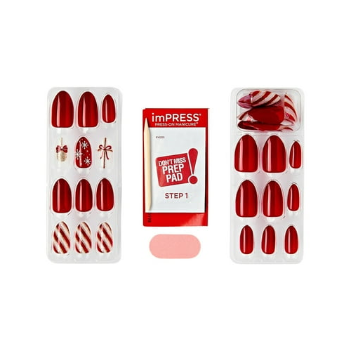 imPRESS Holiday Press-On Nails,White Night, Red, Medium Length, Almond Shape, 30 Ct.