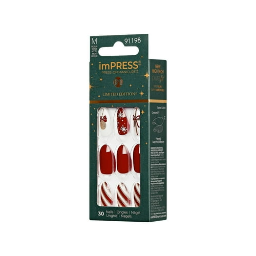 imPRESS Holiday Press-On Nails,White Night, Red, Medium Length, Almond Shape, 30 Ct.