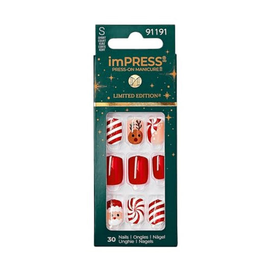 imPRESS imPRESS Design Press-On Nails, Adorabell, Red, Short Size, Squoval Shape, 30 Nails, Prep Pad, Instructions Sheet, 1 Manicure Stick, 1 Mini File