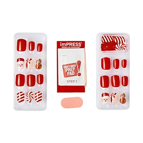 imPRESS imPRESS Design Press-On Nails, Adorabell, Red, Short Size, Squoval Shape, 30 Nails, Prep Pad, Instructions Sheet, 1 Manicure Stick, 1 Mini File