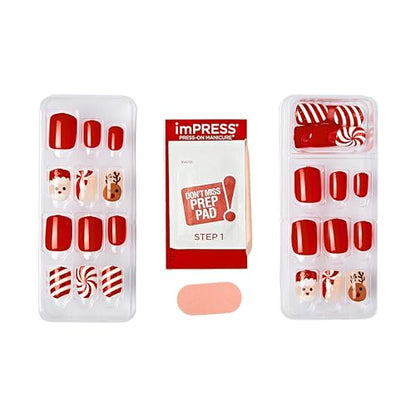 imPRESS imPRESS Design Press-On Nails, Adorabell, Red, Short Size, Squoval Shape, 30 Nails, Prep Pad, Instructions Sheet, 1 Manicure Stick, 1 Mini File