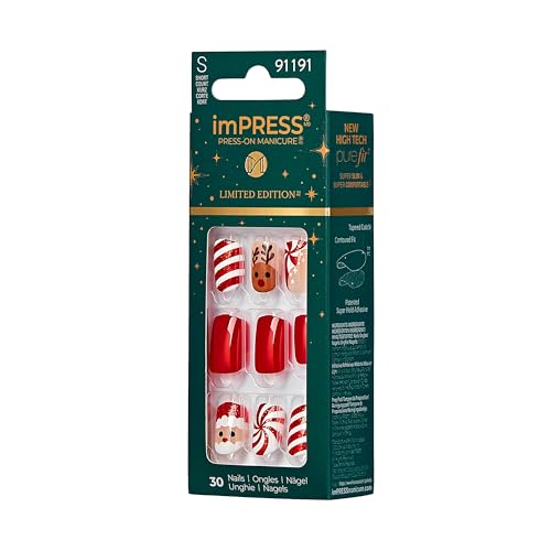 imPRESS imPRESS Design Press-On Nails, Adorabell, Red, Short Size, Squoval Shape, 30 Nails, Prep Pad, Instructions Sheet, 1 Manicure Stick, 1 Mini File