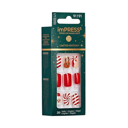 imPRESS imPRESS Design Press-On Nails, Adorabell, Red, Short Size, Squoval Shape, 30 Nails, Prep Pad, Instructions Sheet, 1 Manicure Stick, 1 Mini File