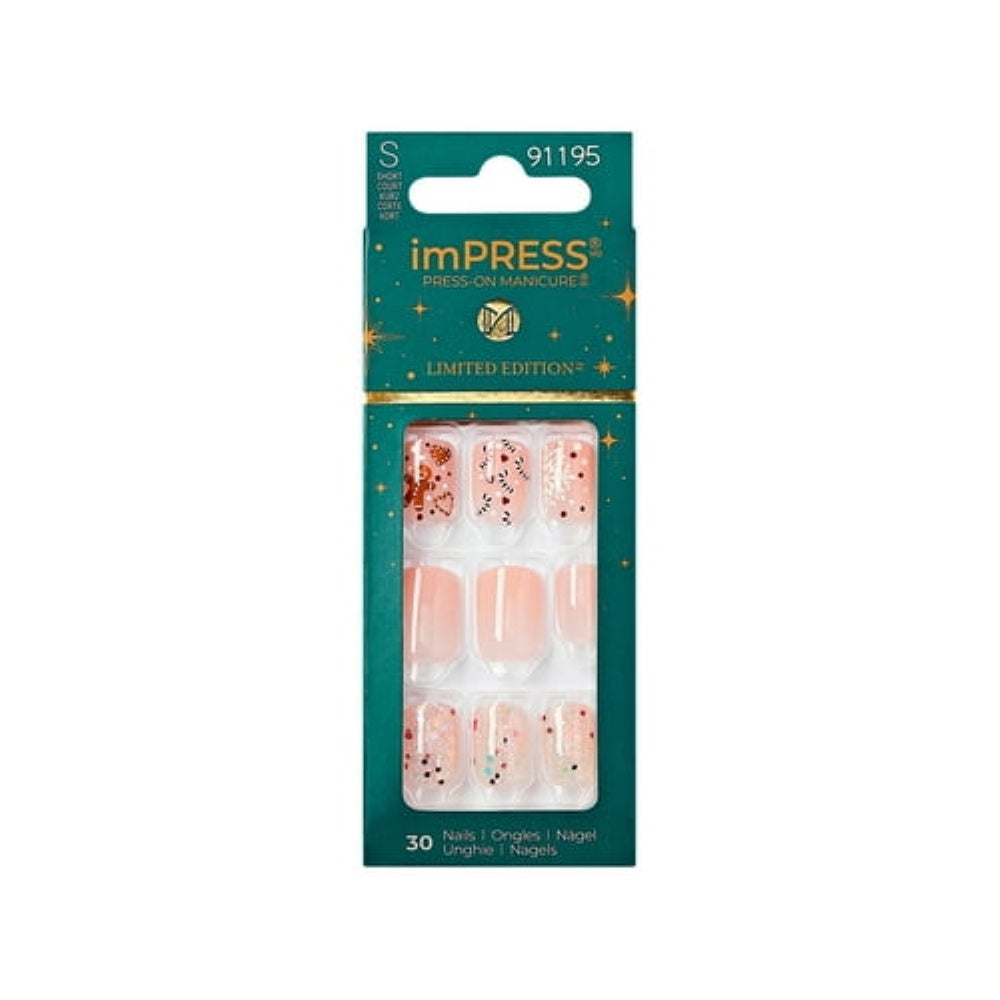 imPRESS Holiday Press-On Nails, Snowy Village, Neutral, Short, Square Shape, 30 Ct.