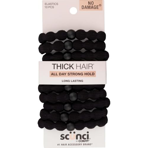 Scunci Thick Hair Elastics – 10-Count, Black, No-Damage, Extra Strong Hold, Beaded Hair Ties for All-Day Wear, Stretchy & Durable, Secure Ponytails & Buns for Thick, Curly, or Textured Hair