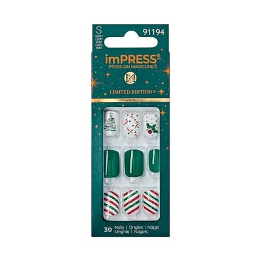 imPRESS imPRESS Design Press-On Nails, Santamental, Green, Short Size, Squoval Shape, 30 Nails, Prep Pad, Instructions Sheet, 1 Manicure Stick, 1 Mini File