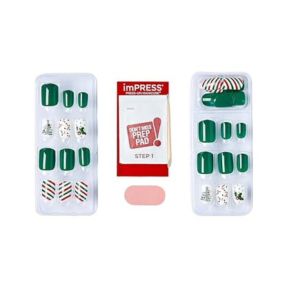 imPRESS imPRESS Design Press-On Nails, Santamental, Green, Short Size, Squoval Shape, 30 Nails, Prep Pad, Instructions Sheet, 1 Manicure Stick, 1 Mini File
