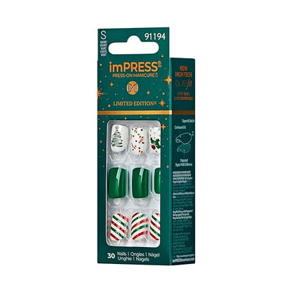 imPRESS imPRESS Design Press-On Nails, Santamental, Green, Short Size, Squoval Shape, 30 Nails, Prep Pad, Instructions Sheet, 1 Manicure Stick, 1 Mini File