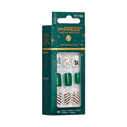 imPRESS imPRESS Design Press-On Nails, Santamental, Green, Short Size, Squoval Shape, 30 Nails, Prep Pad, Instructions Sheet, 1 Manicure Stick, 1 Mini File