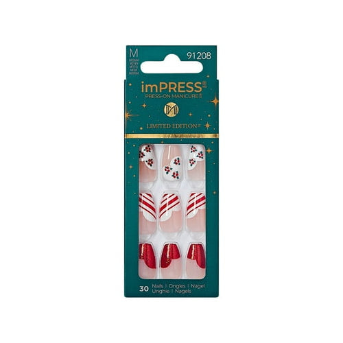 imPRESS Holiday Press-On Nails, Heartfelt, White, Medium Length, Coffin Shape, 30 Ct.