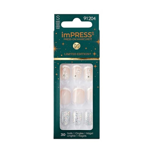 imPRESS imPRESS Design Press-On Nails, Jolly Holiday, Neutral, Short Size, Squoval Shape, 30 Nails, Prep Pad, Instructions Sheet, 1 Manicure Stick, 1 Mini File