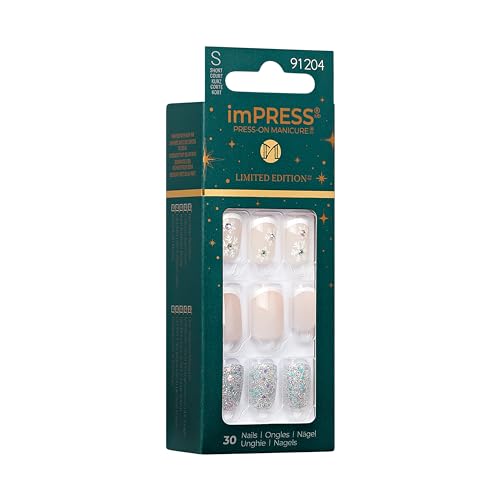 imPRESS imPRESS Design Press-On Nails, Jolly Holiday, Neutral, Short Size, Squoval Shape, 30 Nails, Prep Pad, Instructions Sheet, 1 Manicure Stick, 1 Mini File