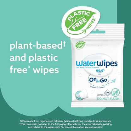 WaterWipes On The Go Wipes, 99.9% Water-Based Wipes for Travel, Sports, and to Refresh Skin, Unscented & Hypoallergenic, 100 Count (10 Packs), Packaging May Vary