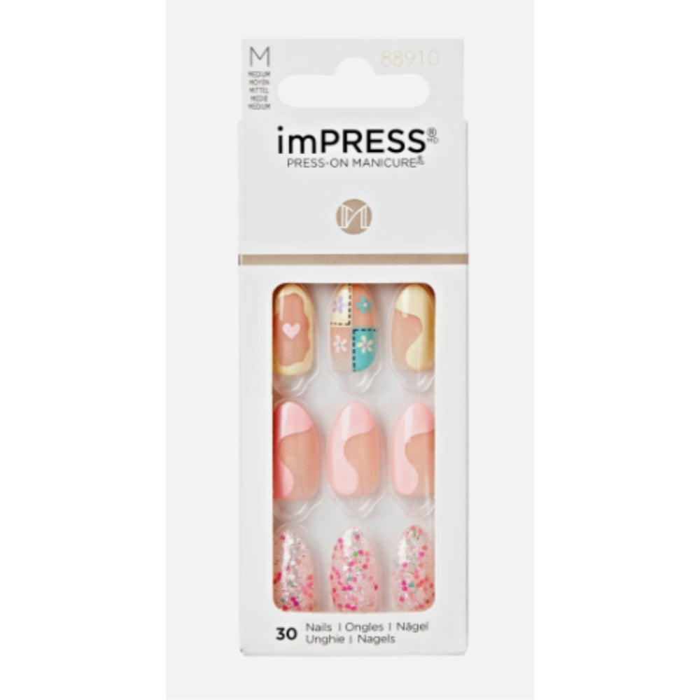 KISS imPRESS No Glue Mani 30 Pcs Press On Nails, Light Neutral, Medium Size, Coffin Shape, Simple Peel & Press Easy Apply, Hassel-Free Removal, Essential Tools Included, Spark Of Joy