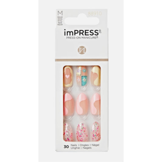KISS imPRESS No Glue Mani 30 Pcs Press On Nails, Light Neutral, Medium Size, Coffin Shape, Simple Peel & Press Easy Apply, Hassel-Free Removal, Essential Tools Included, Spark Of Joy