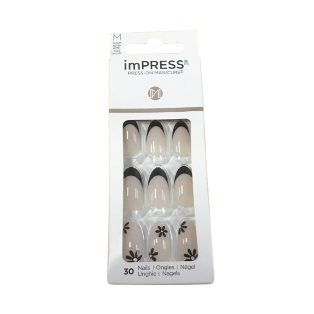 KISS imPRESS No Glue Mani 30 Pcs Press On Nails, Black, Medium Size, Coffin Shape, Simple Peel & Press Easy Apply, Hassel-Free Removal, Essential Tools Included