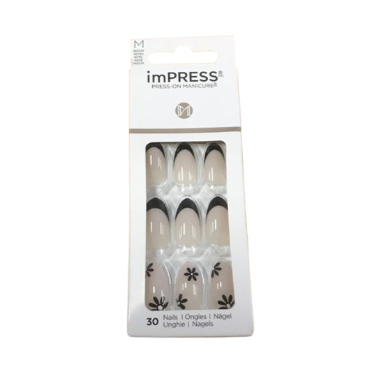 KISS imPRESS No Glue Mani 30 Pcs Press On Nails, Black, Medium Size, Coffin Shape, Simple Peel & Press Easy Apply, Hassel-Free Removal, Essential Tools Included