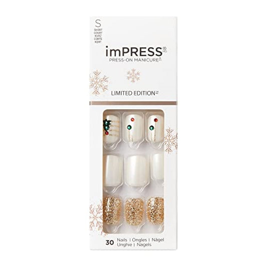 KISS imPRESS Limited Edition Holiday Press-On Nails, Short Size Square Fake Nails, with Prep Pad, Mini Nail File, Cuticle Stick, & 30 False Nails