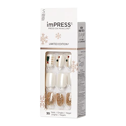 KISS imPRESS Limited Edition Holiday Press-On Nails, Short Size Square Fake Nails, with Prep Pad, Mini Nail File, Cuticle Stick, & 30 False Nails