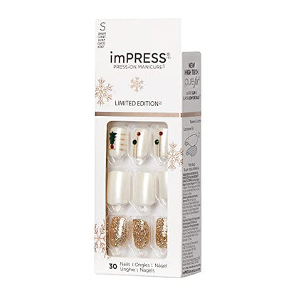 KISS imPRESS Limited Edition Holiday Press-On Nails, Short Size Square Fake Nails, with Prep Pad, Mini Nail File, Cuticle Stick, & 30 False Nails