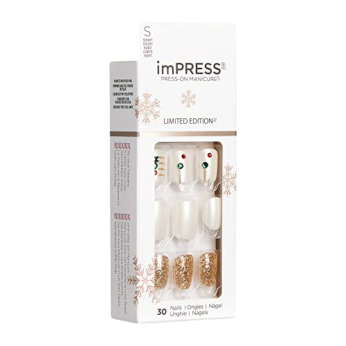 KISS imPRESS Limited Edition Holiday Press-On Nails, Short Size Square Fake Nails, with Prep Pad, Mini Nail File, Cuticle Stick, & 30 False Nails