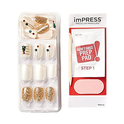 KISS imPRESS Limited Edition Holiday Press-On Nails, Short Size Square Fake Nails, with Prep Pad, Mini Nail File, Cuticle Stick, & 30 False Nails