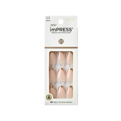 KISS imPRESS 'Playback' Press-On Nails, Gold, Medium Length, Coffin Shape, 30 Ct.