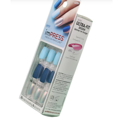 NEW Kiss Nails Impress Press On Manicure Short Gel Matte Blue Pearl White, Boogie Down
