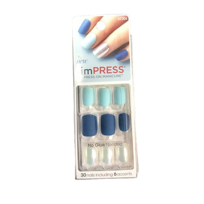 NEW Kiss Nails Impress Press On Manicure Short Gel Matte Blue Pearl White, Boogie Down