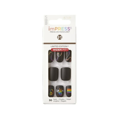 KISS imPRESS No Glue Needed Press On Nails, Design, loveislove, Black, Short Wider Squoval, 30 Count