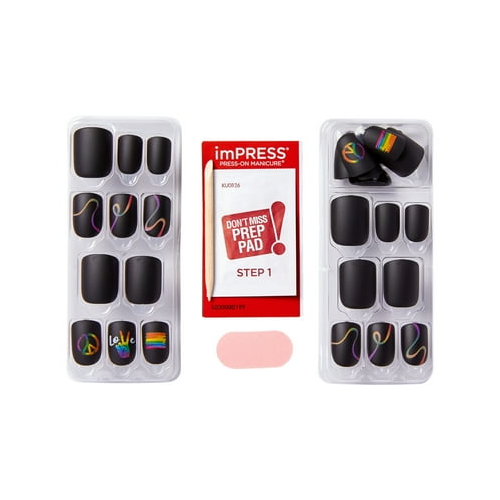 KISS imPRESS No Glue Needed Press On Nails, Design, loveislove, Black, Short Wider Squoval, 30 Count