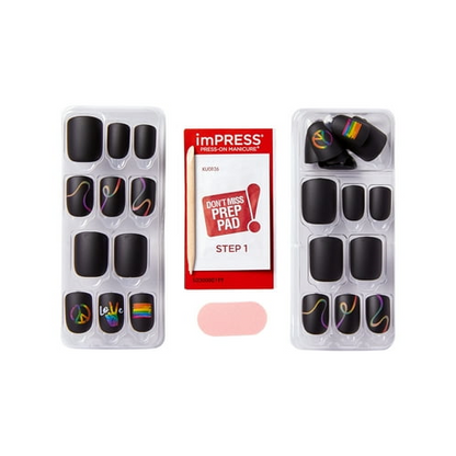 KISS imPRESS No Glue Needed Press On Nails, Design, loveislove, Black, Short Wider Squoval, 30 Count