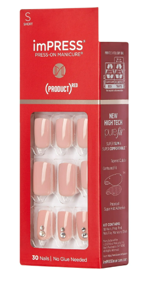 KISS imPRESS No Glue Mani 30 Pcs Press On Nails, Light Neutral, Short Size, "Product Red" Simple Peel & Press Easy Apply, Hassel-Free Removal, Essential Tools Included