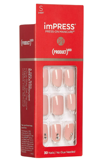 KISS imPRESS No Glue Mani 30 Pcs Press On Nails, Light Neutral, Short Size, "Product Red" Simple Peel & Press Easy Apply, Hassel-Free Removal, Essential Tools Included