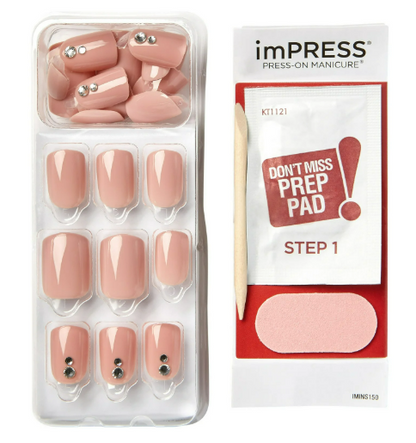 KISS imPRESS No Glue Mani 30 Pcs Press On Nails, Light Neutral, Short Size, "Product Red" Simple Peel & Press Easy Apply, Hassel-Free Removal, Essential Tools Included