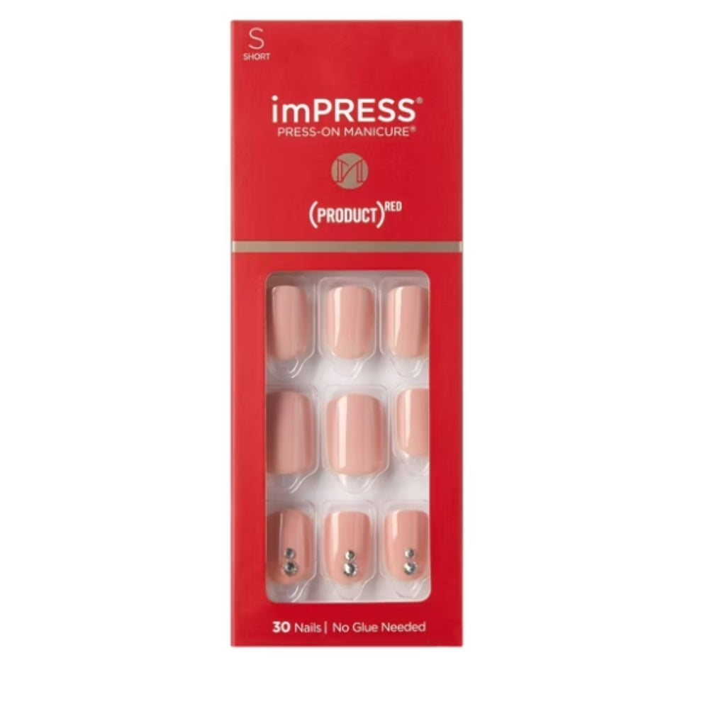 KISS imPRESS No Glue Mani 30 Pcs Press On Nails, Light Neutral, Short Size, "Product Red" Simple Peel & Press Easy Apply, Hassel-Free Removal, Essential Tools Included