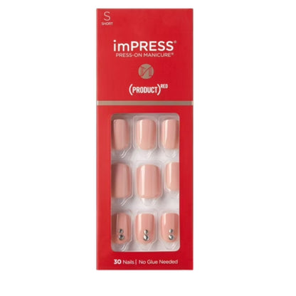KISS imPRESS No Glue Mani 30 Pcs Press On Nails, Light Neutral, Short Size, "Product Red" Simple Peel & Press Easy Apply, Hassel-Free Removal, Essential Tools Included