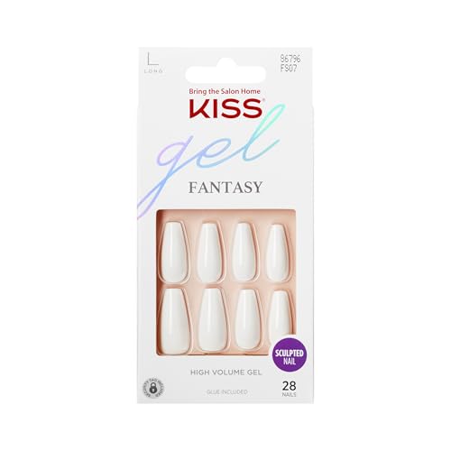 KISS Gel Fantasy, Press On Nails, Nail glue included, 'True Color', White, Long Size, Coffin Shape, Includes 28 Nails, 2g glue, 1 Manicure Stick, 1 Mini File