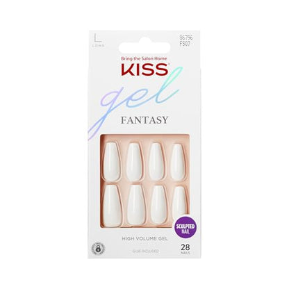 KISS Gel Fantasy, Press On Nails, Nail glue included, 'True Color', White, Long Size, Coffin Shape, Includes 28 Nails, 2g glue, 1 Manicure Stick, 1 Mini File