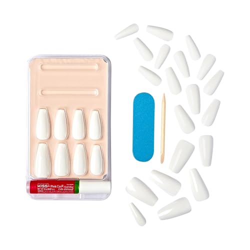 KISS Gel Fantasy, Press On Nails, Nail glue included, 'True Color', White, Long Size, Coffin Shape, Includes 28 Nails, 2g glue, 1 Manicure Stick, 1 Mini File