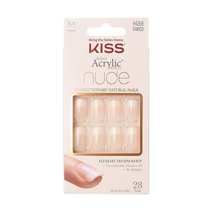 KISS Salon Acrylic Press On Nails, Nail glue included, 'Cashmere', French, Medium Size, Squoval Shape, Includes 28 Nails, 2g Glue, 1 Manicure Stick, 1 Mini file