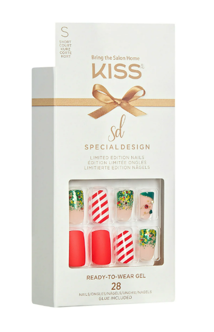 KISS Limited Edition Special Design Ready-To-Wear Gel Press-On Nails, Short Square Holiday Fake Nails, My Santa Claus, 28 Pieces