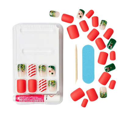 KISS Limited Edition Special Design Ready-To-Wear Gel Press-On Nails, Short Square Holiday Fake Nails, My Santa Claus, 28 Pieces