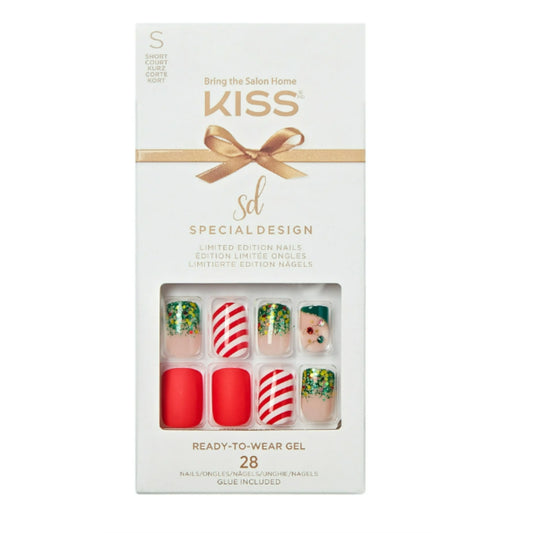 KISS Limited Edition Special Design Ready-To-Wear Gel Press-On Nails, Short Square Holiday Fake Nails, My Santa Claus, 28 Pieces