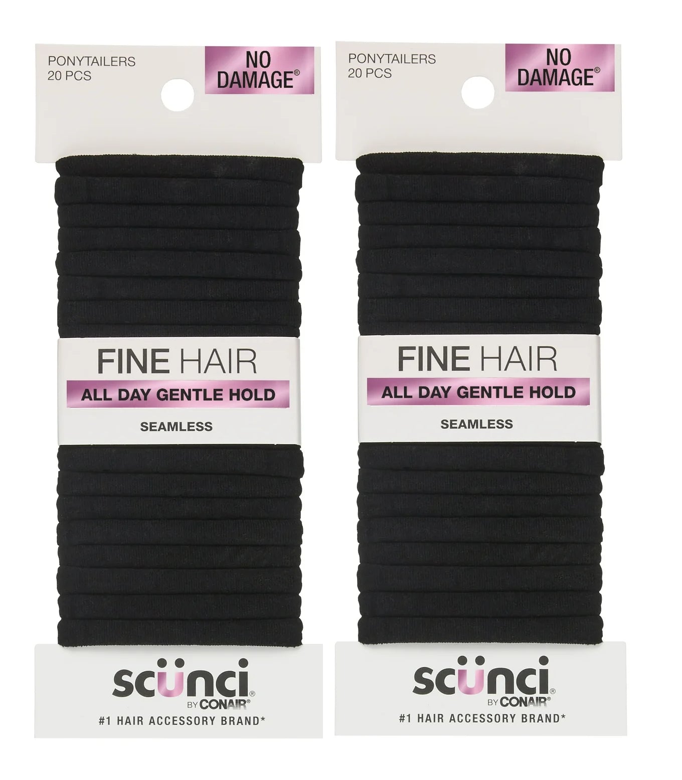 (2 pack) Scunci No Damage Hosiery Ponytail Hair Ties, Black, 20 Count